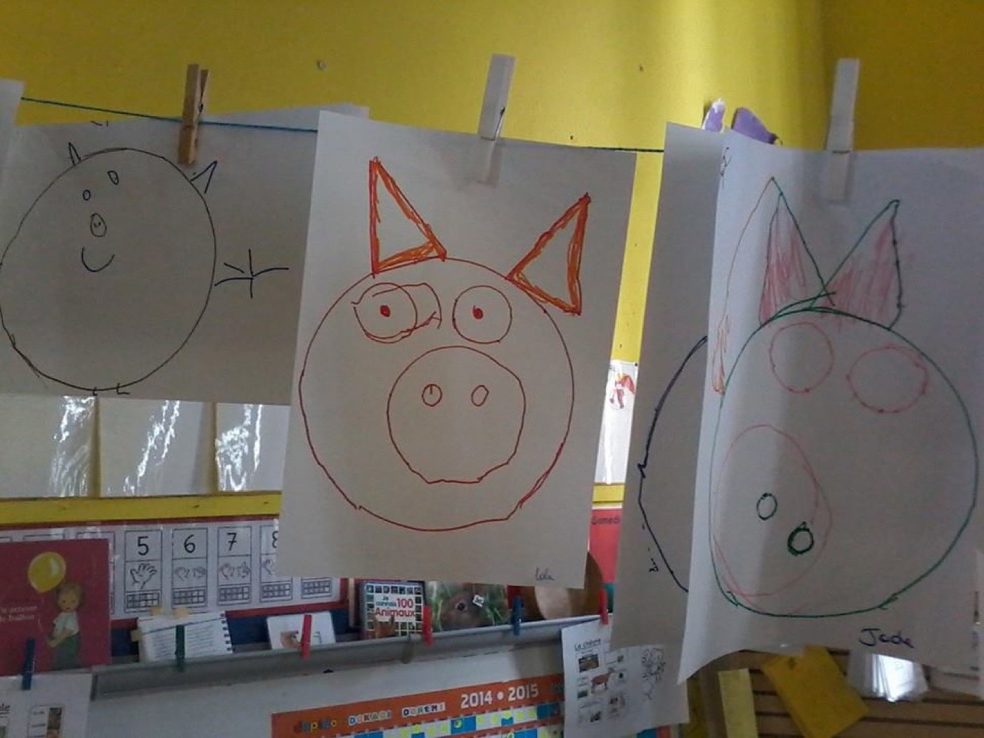 Des dessins de cochons réalisés par les maternelles, suspendus à un fil